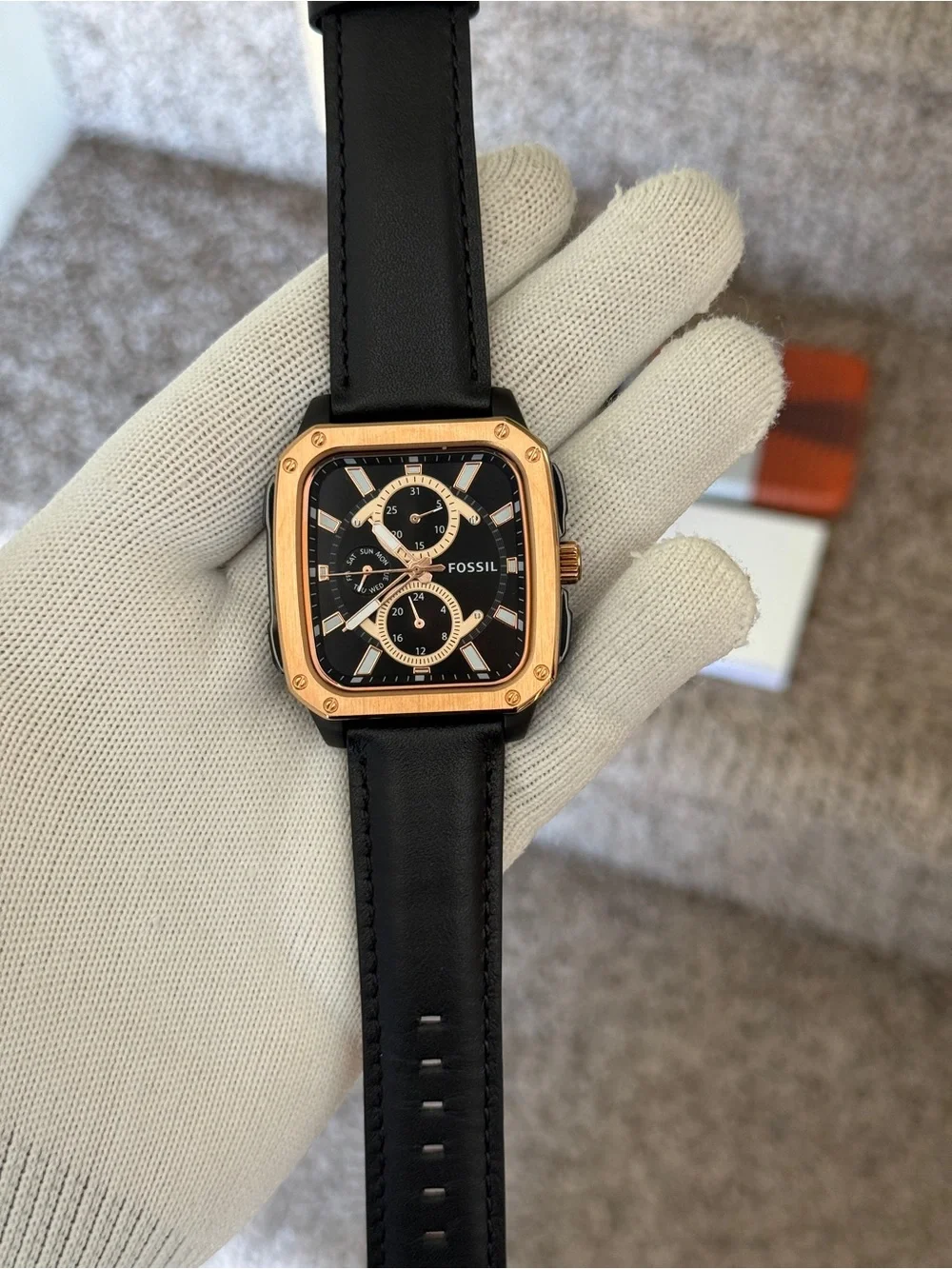 Fossil Black Leather Watch with Rose Gold-Tone Square Case Mens Watch